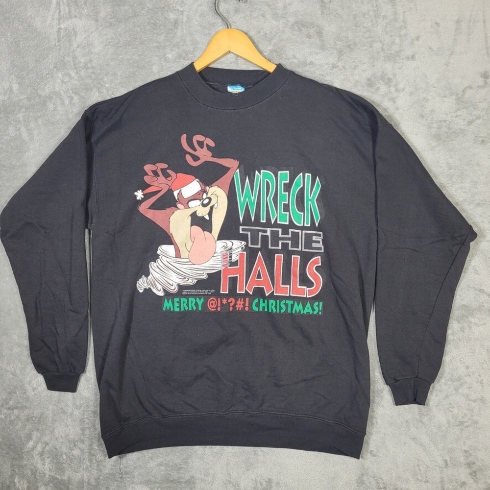 Vtg Tasmanian Devil Sweatshirt Wreck The Halls Merry Christmas Taz Size XL 1992